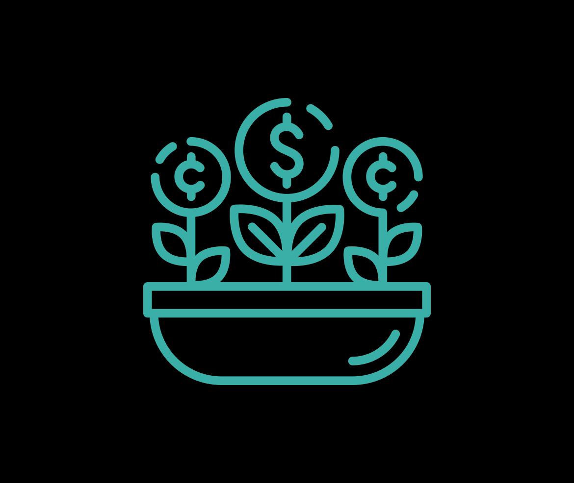an icon of money growing out of a pot like flowers symbolizing money growing